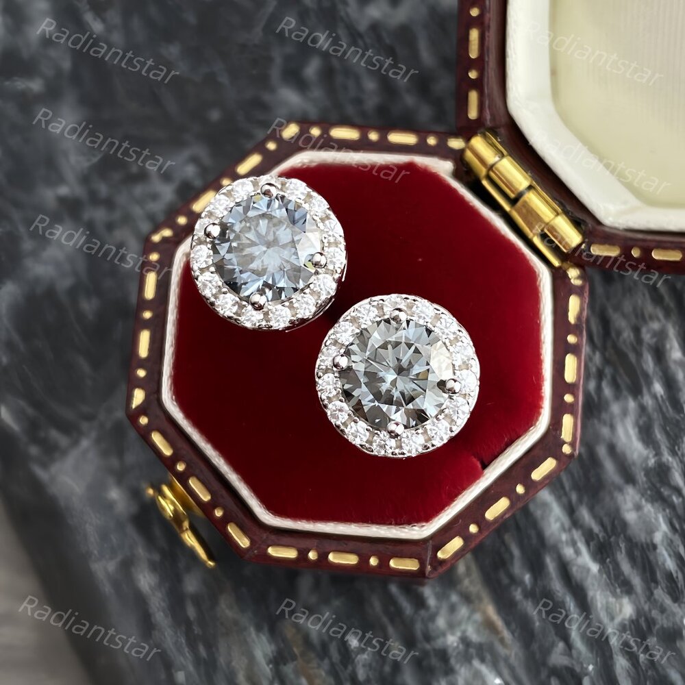 NEW Certified 2ct. t.w. Grey Moissanite 6 Round Halo Stud Earrings - Picture 4 of 6